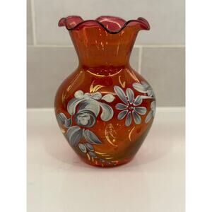 VTG Iridescent Cranberry Hand Painted‎ Ruffled Rim Bud Vase